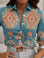 cheap Boho Tops-Women&#039;s Shirt Paisley Casual Long Sleeve Shirt Collar Regular Tops Work Daily Buttons Print Blue Green Spring Fall Winter