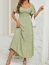 economico Vestito Semplice-Abito Midi Femminile Abito A Linea Abito a Colore Unito Abito da Latte Abito Off The Shoulder Abito Manica Puff Vacanza Vacanza Fit Regolare Semplice Senza Maniche Collo a V Nero Verde Chiaro Rosa