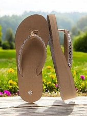 cheap Casual Sandals-Rhinestone-Embellished Flip-Flops with Platform Sole and Thong Strap, Stylish and Comfortable Sandals for Summer Vacations and Beach Days