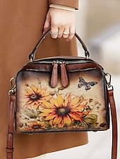 tanie Torby i torebki-torebka ze skóry vintage z nadrukiem słonecznika i motyla – stylowa torebka typu crossbody dla kobiet, idealna na co dzień i na wyjścia na zewnątrz czerwony brązowy zielony