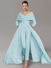 voordelige Mama&amp;#39;s jumpsuits-Twee-delige Jumpsuit Moeder van de Bruid Formele Bruiloft Gast Elegante Feest Scoop Hals Off Schouder Enkele Lengte Rekbare Stof 3/4 Lange Mouw met Ceintuur  Riem 2025