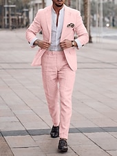 billiga Casual kostymer-Herr Bröllop Linen Linnekostymer Rodnande Rosa Mörkgrå Solid färg Skräddarsydd passform 2 delar set Singelknäppt 1 Knapp