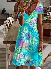 halpa Kukkamekko-Naisten Mini mekko Rento mekko Tyylikäs Trooppinen Havaijilainen Päivittäin Normaali Kukka Lyhythihainen Tiukka pyöreä kaula-aukko Valkoinen Punastuvan vaaleanpunainen Vaaleanpunainen Sininen Kesä