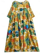 economico abiti stampati in cotone e lino-Per donna Abito maxi Abiti in cotone e lino Vestito Casual Abiti Boho Chic Essenziale Casual Vacanza Quotidiano Vestibilità regolare Grafico Manica Corta Girocollo Rosso Blu Estate