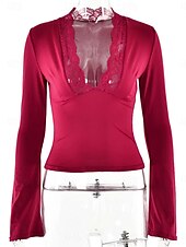 preiswerte Spitzenoberteile-Damen Oberteil mit Spitzenspleiß Sexy Langarm V Ausschnitt Normale Oberteile Weinrot Schwarz Sommer Frühling