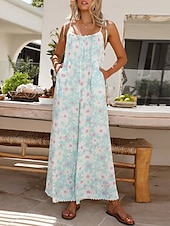 voordelige vakantie jumpsuit-Dames Normaal Jumpsuit Actief Bloemig Mouwloos U-hals Hoge taille Vakantie Dagelijks Ruim Passend Licht Blauw Zomer