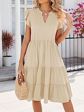 preiswerte Blumenkleider-Damen kleid lang Casual kleid Elegant Stilvoll Basic Urlaub Arbeit Casual Regular Fit Glatt Kurzarm V Ausschnitt Dunkel Braun Rosa Dunkelgrün Aprikose Sommer Frühling