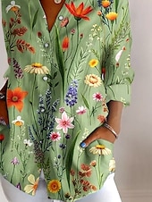 billige Blomstrete topper-Kvinners Skjorte Blomster Grafisk Daglig Stilig Retro Vintage 3/4 Lengde Ermer Skjortekrage Vanlige Topper Daglig Ferie Ute Knapper Gressgrønn Sommer Vår