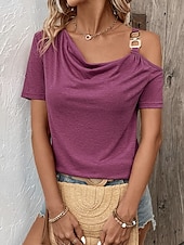 tanie Damskie topy z grafiką-Damskie Koszula Jednokolorowe Elegancki Codzienny Krótki rękaw Kołnierzyk koszuli Zwykłe topy Codzienny Z wycięciem Fioletowy Lato Wiosna