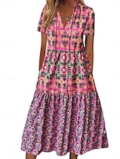 billiga Casual blommiga klänningar-Dam Midiklänning Vardagsklänning Boho-klänning Stylish Ledigt Semester Ledigt Dagligen Lös passning Blommig Kortärmad V-hals Rodnande Rosa Sommar Vår