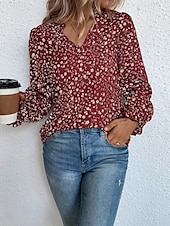 billige Kvinne Grafiske Topper-Dame Skjorte Bluse Blomstret Stilfull Fritid Langermet V-hals Vanlige topper Daglig Trykt mønster Vin Grønn Beige Sommer Vår