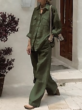 economico Set in cotone e lino-Per donna Moda Streetwear Quotidiano Camicia Set ispirati al lino Set da due pezzi Pantaloni a Gamba Larga Manica Lunga Colletto a Camicia Semplice Casuale Quotidiano Bianco Rosa Verde militare Estate