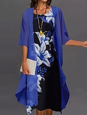 abordables Ensembles de robes-Femme Mode Vêtement de rue Jupe Ensembles Manches 3/4 Cloche Col Ras du Cou Floral Imprimer Usage quotidien Rendez-vous Rouge Bleu Violet Printemps Standard