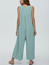 preiswerte lässige Overalls-Damen Normal Jumpsuit Aktiv Feste Farbe Ärmellos U-Ausschnitt Knopf Tasche Urlaub Täglich Regular Fit Schwarz Marineblau Blau Sommer