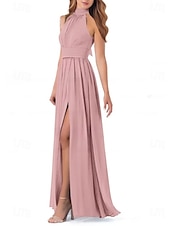 abordables Robes de demoiselle d&#039;honneur-Robe de demoiselle d&#039;honneur A-Line col halter manches courtes élégante longueur de sol chiffon avec plis  fente avant  fronces