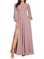 baratos Vestidos para Madrinhas-Linha A Vestido de Madrinha Decote V Manga Longa Elegante Longo Chiffon com Fenda Frontal / Franzido 2022