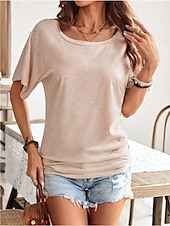 abordables T-shirt uni-T- shirt pour femmes Couleur Unie Basique Décontractée Manches 3/4 Col Ronde Hauts Quotidiens Noir Rouge Abricot Gris Été Printemps