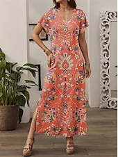 ieftine Rochii boho-Pentru femei Rochie Maxi Rochie casual Rochie A line Stilat Casual Vacanță Zilnic Fit regulat Floral Manșon scurt În V Portocaliu Primăvară Toamnă