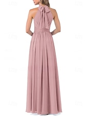 abordables Robes de demoiselle d&#039;honneur-Robe de demoiselle d&#039;honneur A-Line col halter manches courtes élégante longueur de sol chiffon avec plis  fente avant  fronces
