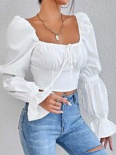 voordelige Elegante topjes-Dames Wrap crop top Elegant Lange mouw U-hals Croptops Zwart Wit Zomer Lente