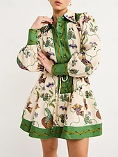 preiswerte Hawaiikleid-Damen Minikleid A Linie Kleid Sommerkleid Figurbetontes Kleid Kleid mit Puffärmeln Urlaub Cocktail Urlaub Täglich Regular Fit Blumen Graphic Langarm Kargen Grün Sommer