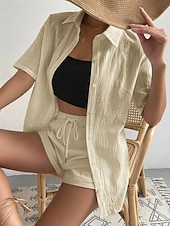 cheap Sets-Women&#039;s Fashion Streetwear Shirt Linen-Inspired Sets Two Piece Sets Below Knee Length Shorts Short Sleeve Shirt Collar Solid Color Drawstring Daily Wear Date White Green Khaki Summer Regular Fit