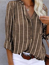 voordelige Overhemden-Dames Overhemd Linnen-geïnspireerde overhemden Knoop omhoog Gestreept Dagelijks Stijlvol Basic Lange mouw Overhemdkraag Normale tops Werk Dagelijks Feestdagen Knop Khaki Donkergrijs Licht Blauw Lente