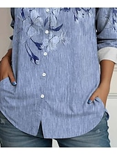 abordables Tops Florales-Camisa de Mujer Floral Elegante Vintage Diario de Manga Larga Cuello Regular Tops Regulares Trabajo Diario Tipo Lino Botones Imprimir Azul Verano Primavera