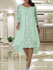 cheap With Jacket-Beach Wedding A-Line Mother of the Bride Dress Wedding Guest Elegant Plus Size Jewel Neck Knee Length Chiffon Lace Long Sleeve with Lace free custom size