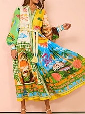 preiswerte Hawaiikleid-Damen Midikleid A Linie Kleid Figurbetontes Kleid Kleid mit Puffärmeln Urlaub Puffärmel Urlaub Casual Täglich Regular Fit Graphic Langarm Hemdkragen Grün Sommer