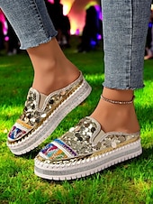 levne Pohodlné sandály-dámské zlaté flitrové tenisky na platformě mules – třpytivé slip-on boty s vyšívanými detaily pro festivaly, párty a street fashion