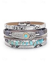 baratos Pulseira Feminina-Pulseira magnética de couro boho e turquesa - design ajustável em várias camadas com penas e pedras preciosas, perfeita para estilos casuais, de verão e festivais