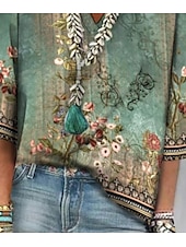 billige Kvinne Boho Topper-Dame skjorte knappebluse blomster daglig grunnleggende 3/4 lengde erme V-hals vanlig topper daglige trykk grønn sommer vår