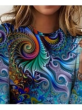 billige Kunst &amp; Design t-skjorte-Dame T skjorte Grafisk Elegant Årgang Mote Langermet Crew-hals Vanlige topper Daglig Ut på byen Helg Trykt mønster Marineblå Sommer Vår