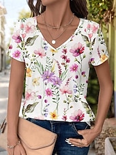 billige Blomster t-skjorte-Dame T skjorte Blomstret Stilfull Fritid Kortermet V-hals Vanlige topper Daglig Trykt mønster Hvit Sommer