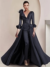 cheap Mom&#039;s Jumpsuits-Two Piece Jumpsuit / Pantsuit Mother of the Bride  Formal Wedding Guest Elegant Party V Neck Ankle Length Satin 3/4 Length Sleeve with Feather Sash / Ribbon 2025 free custom size