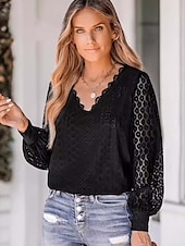 preiswerte Spitzenoberteile-Damen Elegante Oberteile Elegant Langarm V Ausschnitt Normale Oberteile Schwarz Weiß Sommer Frühling