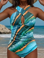 billiga One-piece-baddräkter-Kvinnors baddräkter En del monokini baddräkt Rygglös Mager kontroll Hög midja Slim Semester Strandkläder Geometrisk U-hals ärmlös badkläder