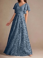 abordables Longueur du plancher-Robe de mère de la mariée trapèze élégante vintage simple col en V longueur au sol en mousseline de soie à volants manches courtes avec dentelle florale paillettes 2025