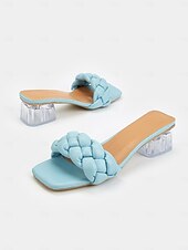 cheap Dress Sandals-Women&#039;s Light Blue Braided Strap Heeled Mules – Trendy Square Toe Summer Sandals