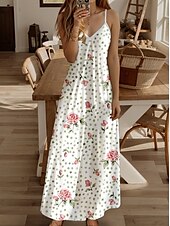 abordables Robes fleuries-Robe Maxi Femme Robe Décontractée Robe d&#039;été Robe en A Robe Décontractée Fluide Vacances Décontractées Quotidien Coupe Régulière Fleurie Sans Manches Col V Blanc Été Printemps