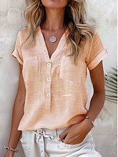 cheap Shirts-Women&#039;s Shirt Cotton Linen Shirts Button Up Blouse Solid Color Basic Casual Short Sleeve V Neck Regular Tops Daily Pocket Black Pink Blue Orange Light Grey Summer Spring