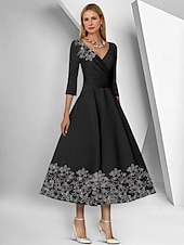 preiswerte Bodenlänge-A-Linie Kleid Strandhochzeit Brautmutterkleid Elegant Einfach V-Ausschnitt Knöchellänge Tee-Länge Satin 3/4-Länge Ärmel mit Spitze geraffte Pailletten Derby Kleid Renntag Kleid 2025