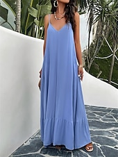 preiswerte Einfaches Kleid-Damen Maxi Kleid Strandkleid Slip Kleid Urlaub Strandurlaub Unifarben Lässig Täglich Lockere Passform Grafik Ärmellos Träger Schwarz Rot Himmelblau Grün Sommer
