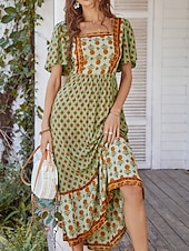 tanie Wakacyjne sukienki-Damskie Sukienka maxi Codzienne sukienki Sukienka rozkloszowana Sukienka A line Elegancki Codzienny Urlop Codzienny Regularny Kwiaty Krótki rękaw Kwadratowy dekolt Żółty Rumiany róż Pomarańczowy