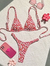 voordelige Bikinisets-Dames Zwemkleding Bikini 2 stuks String Zwempak Blote rug Slank Vakantie Strand Kleding Bloemig V-hals Mouwloos Badpakken