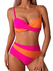 billiga Bikiniset-Dam Badkläder Bikini 2 st Kalsonger Baddräkt Öppen rygg Smal Semester Standkläder Färgblock V-hals Ärmlös Baddräkter