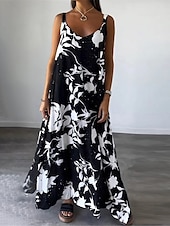 tanie Wakacyjne sukienki-Damskie Sukienka maxi Codzienne sukienki Sukienka na ramiączkach Elegancki Codzienny Urlop Codzienny Regularny Kwiaty Bez rękawów Pasek Czarny Biały Żółty Lato