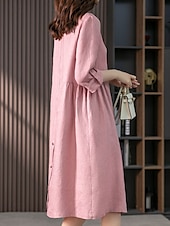 cheap Work Dresses-Women&#039;s Midi Dress Casual Dress Cotton Linen Dress A Line Dress Basic Casual Vacation Daily Regular Fit Plain 3/4 Length Sleeve Shirt Collar Pink Green Summer Spring Fall
