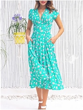 billige Ferie kjoler-Dame Midikjole Uformell kjole Boho elegante kjoler Kjole med A-linje Bohem Ferie Stilfull Feriereise Avslappet Daglig Normal Grafisk Kortermet V-hals Lysegul Rød Lilla Grønn Sommer